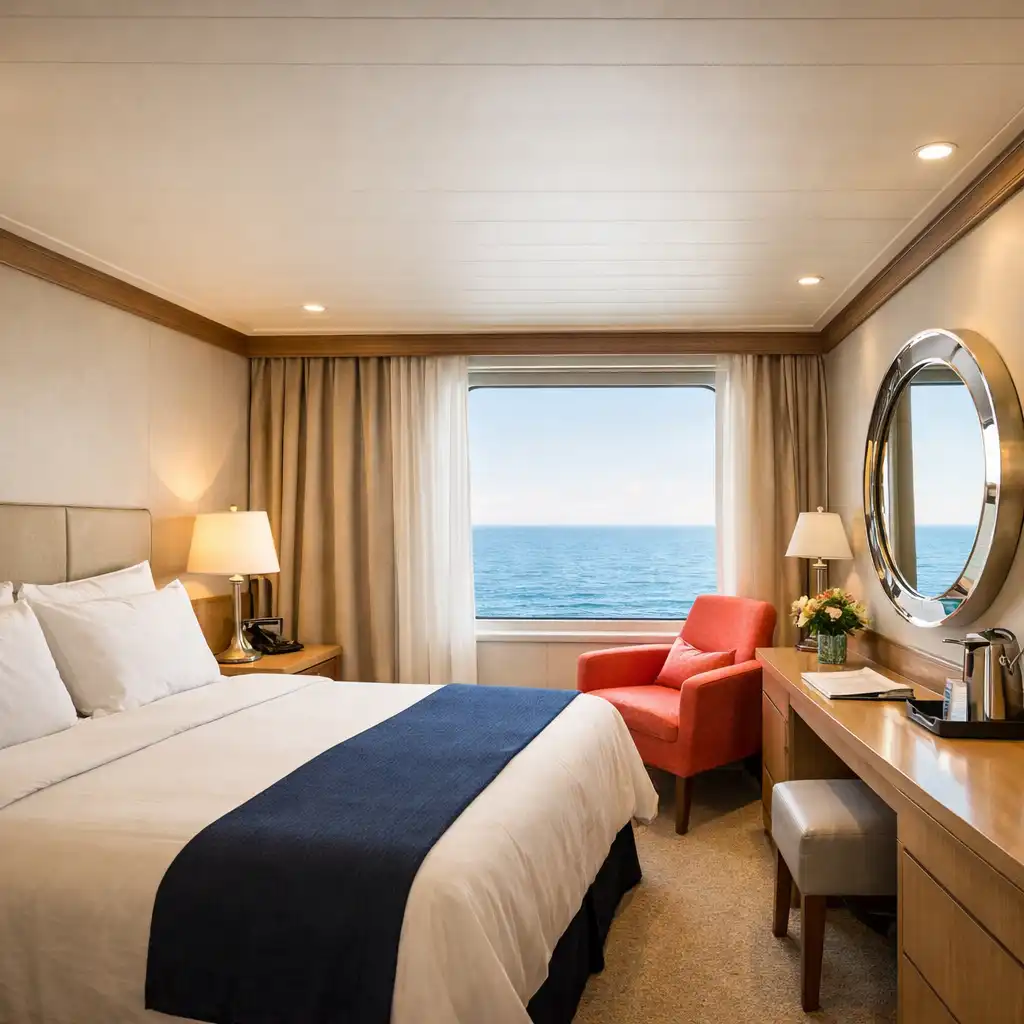 Bright cruise ship cabin with ocean view, white linens, and a coral accent chair