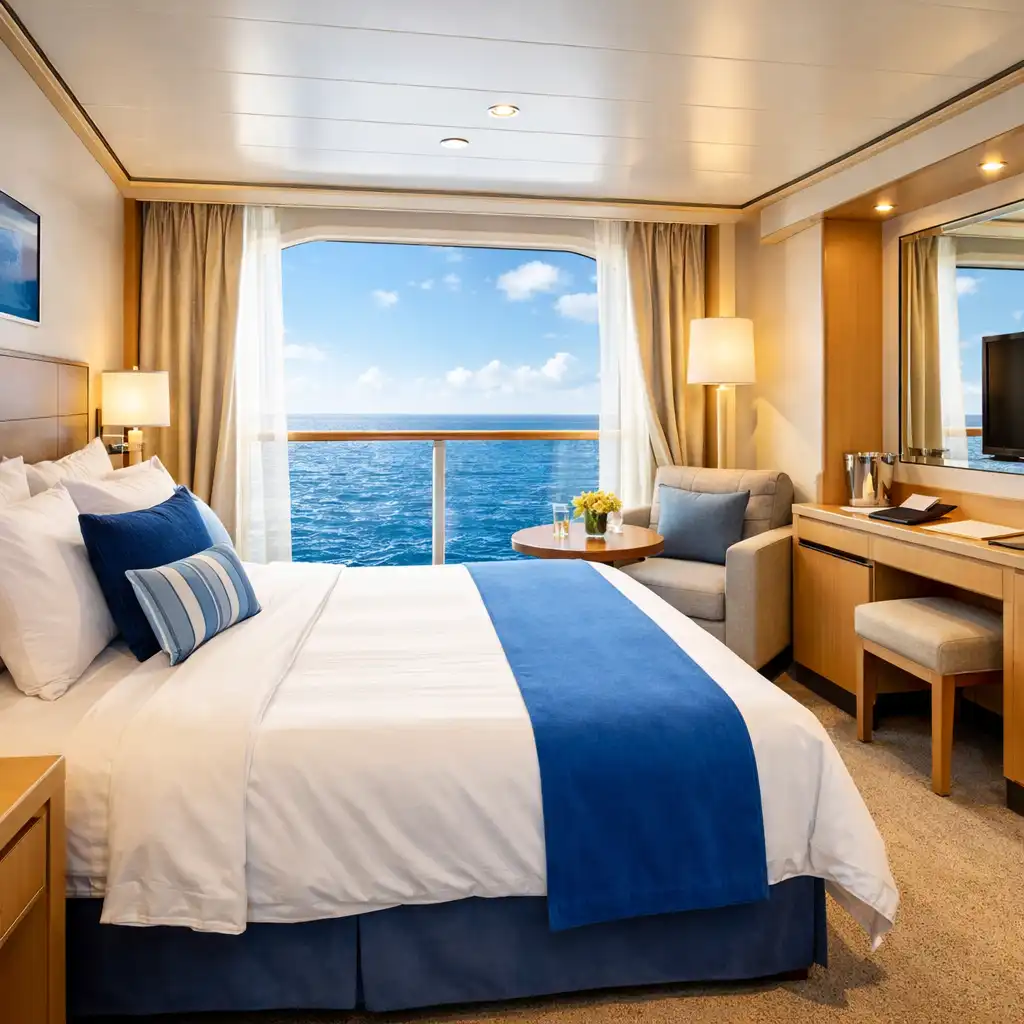 Bright cruise ship cabin with a large ocean-view window, neatly made bed, and modern furniture