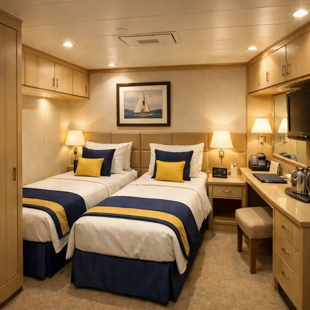 Cozy cruise ship interior cabin with twin beds, compact desk, and storage cabinets