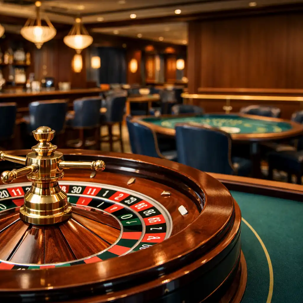 Upscale onboard casino lounge with blackjack and roulette tables in warm wood tones