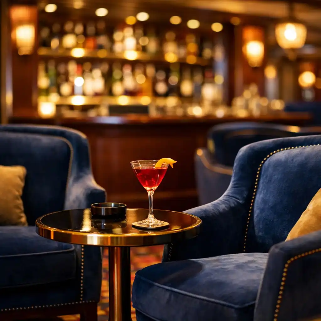 A stylish cruise ship casino lounge seating area with deep blue velvet armchairs, a small table, and a softly lit bar in the background.