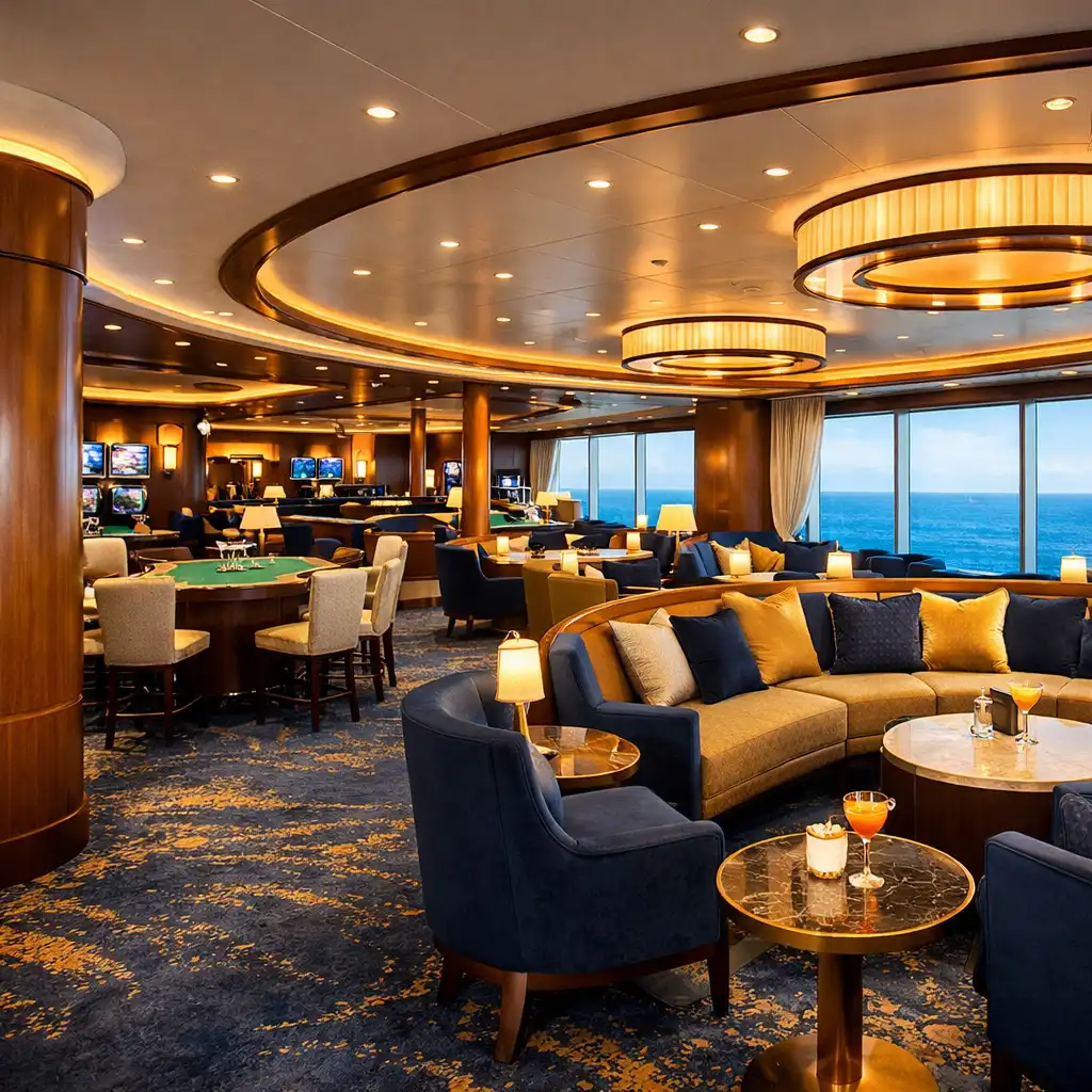 A modern cruise ship casino lounge with warm wood accents, plush navy and gold seating, and ocean views through large windows.