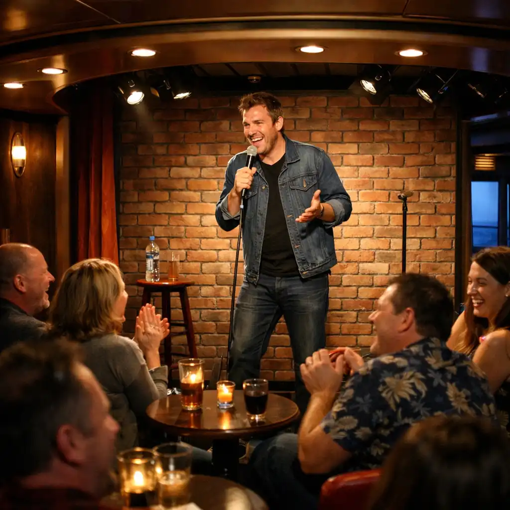 A comedian performing on a small cruise ship comedy club stage with a warm spotlight and an audience laughing