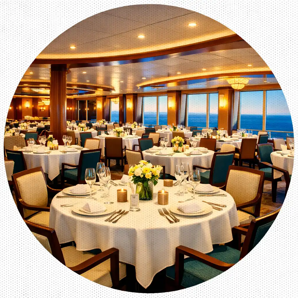 Bright modern cruise ship main dining room with round tables, white tablecloths, and ocean views through large windows