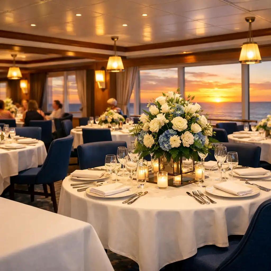 Elegant cruise ship restaurant with round tables, white tablecloths, and ocean sunset views