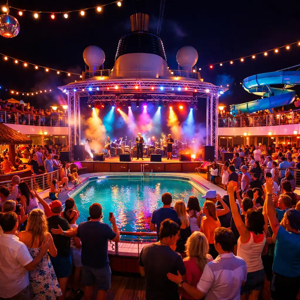 A vibrant cruise ship deck at night with colourful lights and a stage in the background as passengers enjoy a lively party