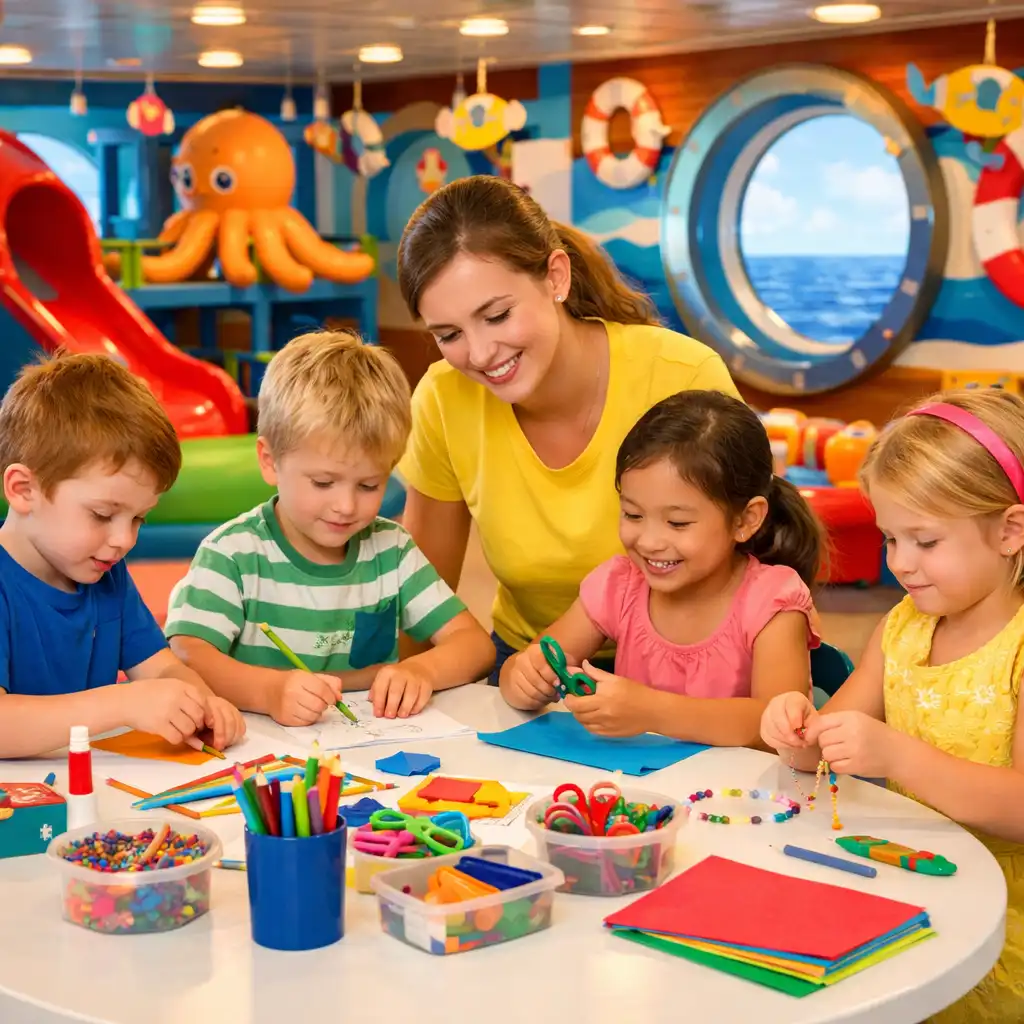Children enjoying arts and crafts in a bright cruise ship kids club with a friendly counsellor
