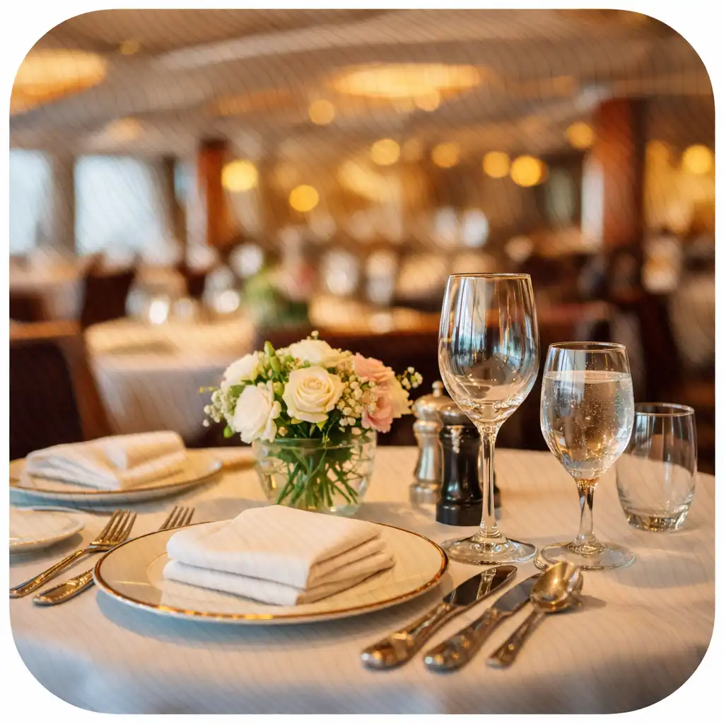 Close-up of a beautifully set cruise ship dining table with fine china, polished silverware, crystal glasses, and a floral centrepiece