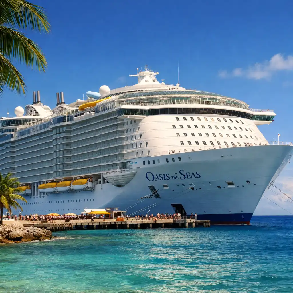 The Oasis of the Seas cruise ship docked at a tropical port, showing its massive multi-deck scale with palm trees and clear water in the foreground.