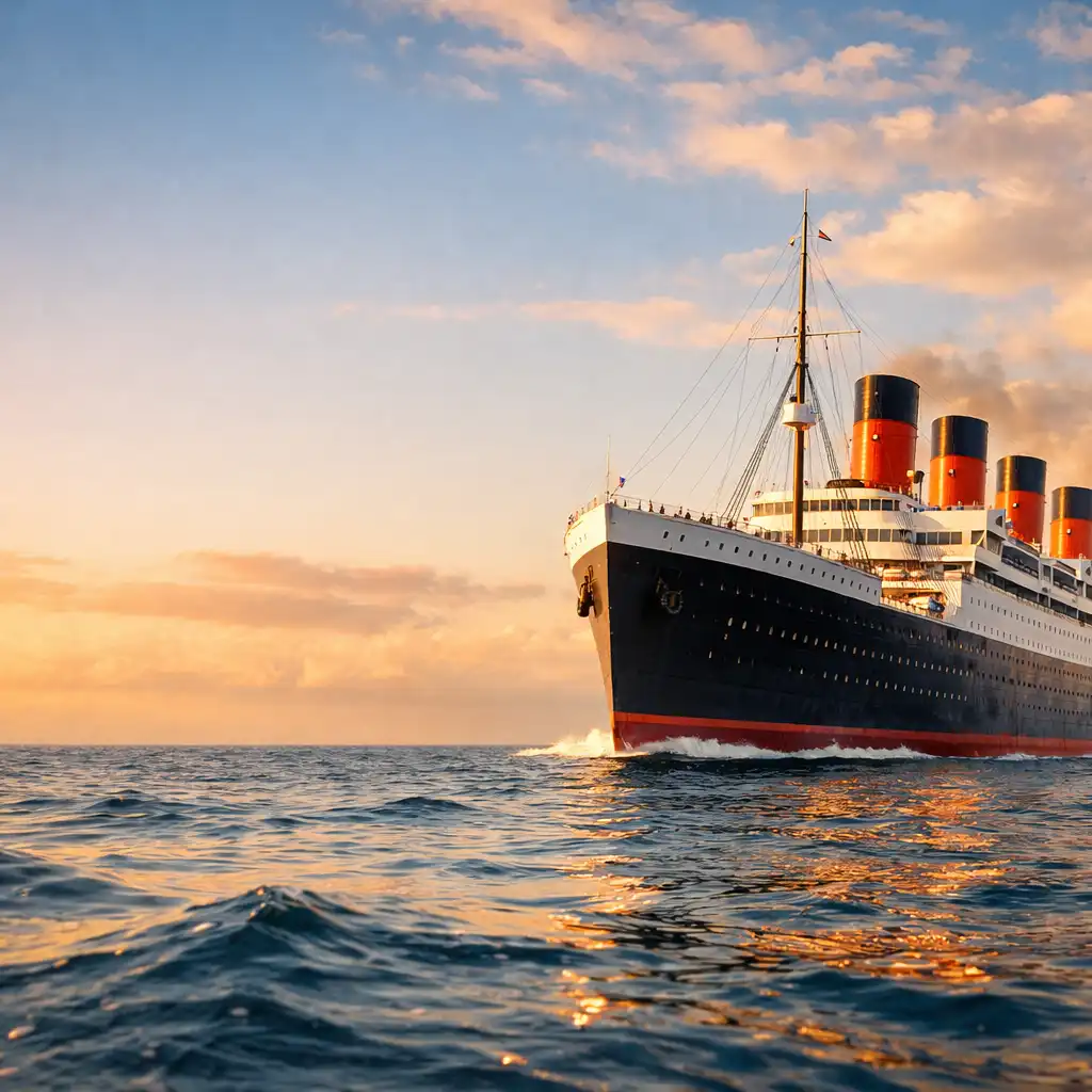 A majestic ocean liner sailing on calm blue water at golden hour, with the ship positioned toward the right of the frame.
