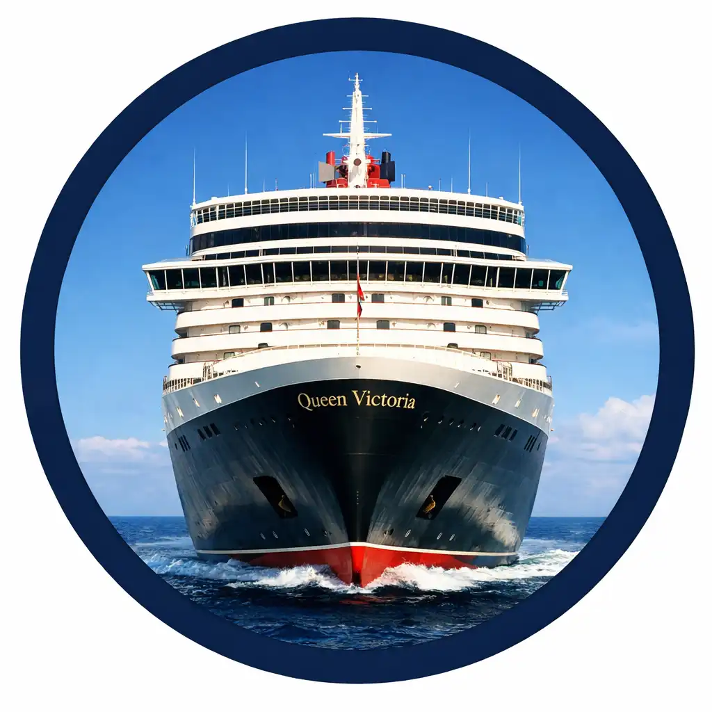 The bow of the Queen Victoria ocean liner framed inside a circular porthole crop against a bright blue sky and sea.