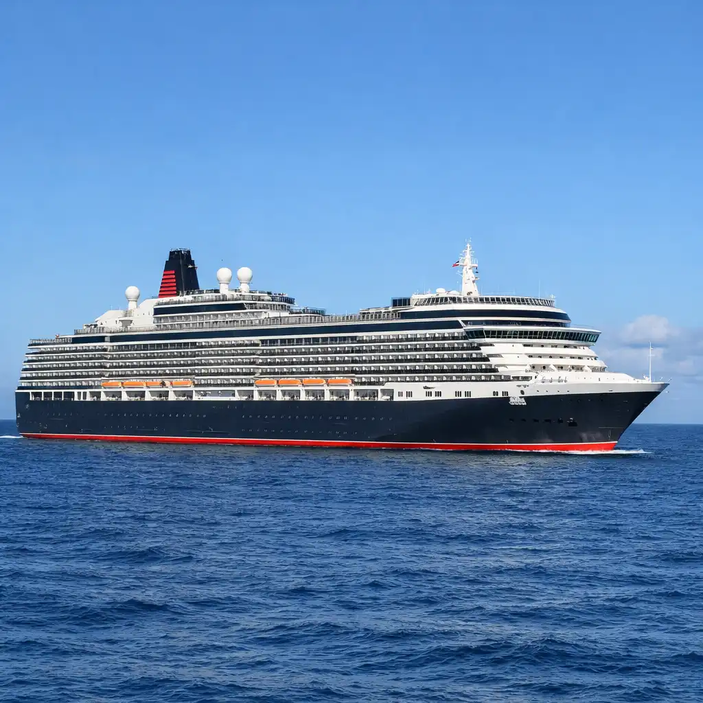 The Queen Victoria ocean liner at sea, photographed from a distance with its full elegant profile visible.