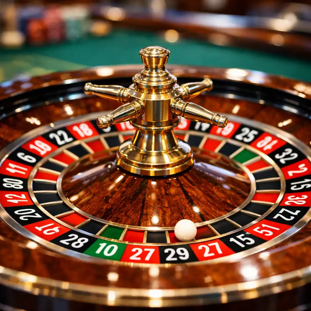 A close-up of a roulette wheel with the ball resting in a numbered pocket, showing rich red, black, and green details.