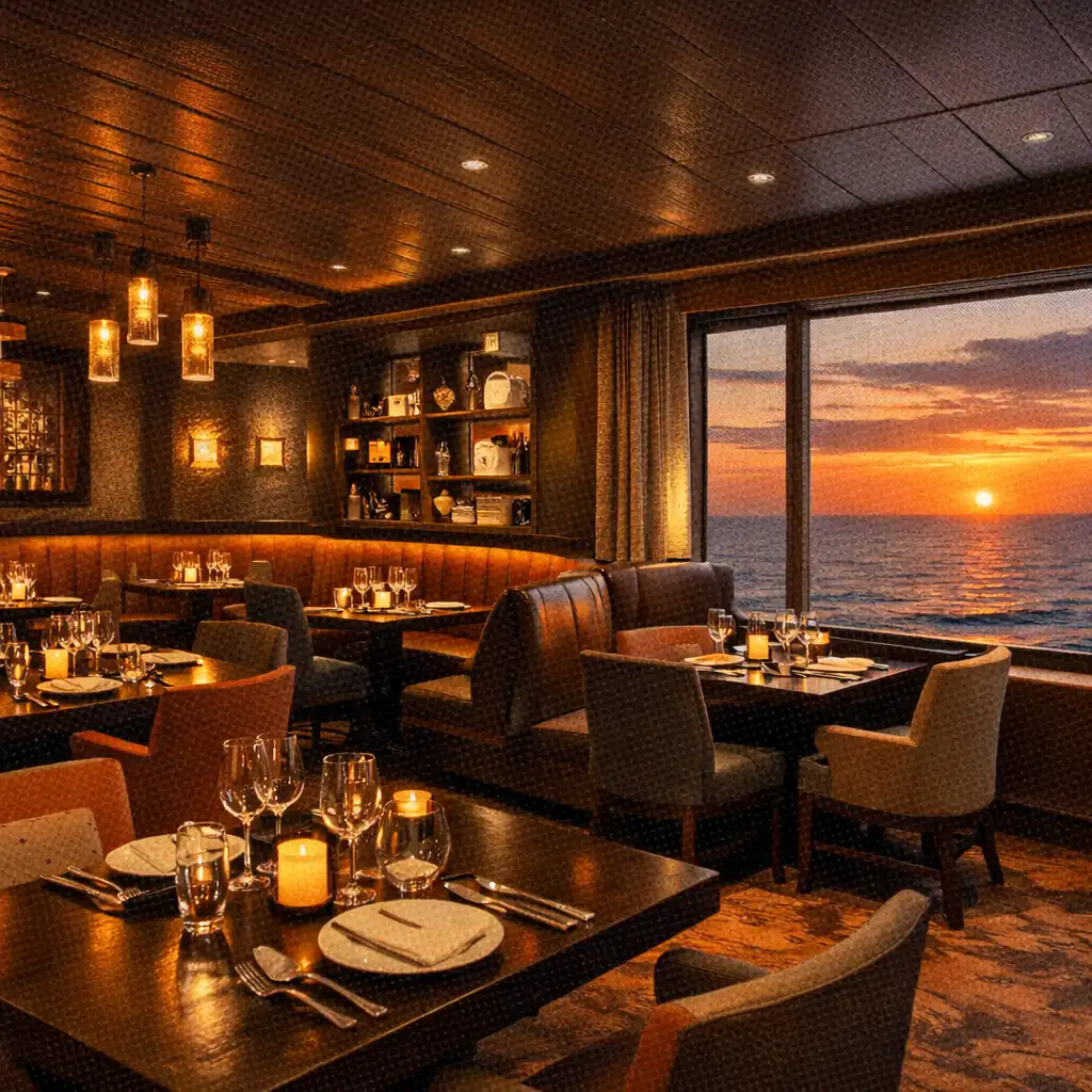 Upscale specialty restaurant interior on a cruise ship with dark wood accents, intimate seating, and an ocean sunset view