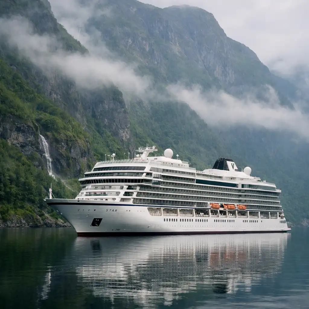 The Viking Star cruise ship anchored in a scenic fjord with steep green mountains rising behind it and calm water reflecting the hull.